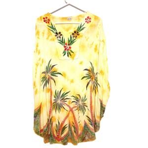 Embroidered Palm Tree Tie Dye Swim Cover SZ OS yellow